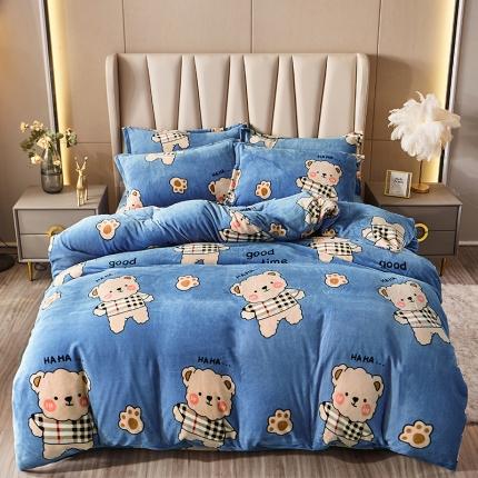 91家纺网 家纺一手货源 找家纺 纽缦 2021新款牛奶绒四件套法莱水晶宝宝绒 摩卡小熊蓝灰