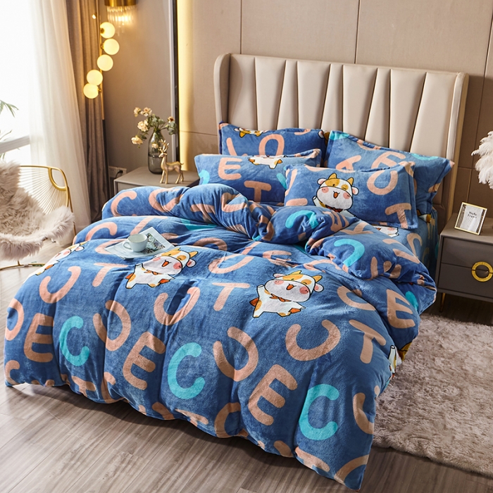 91家纺网 家纺一手货源 找家纺 纽缦 2021新款牛奶绒四件套法莱水晶宝宝绒 牛宝宝蓝