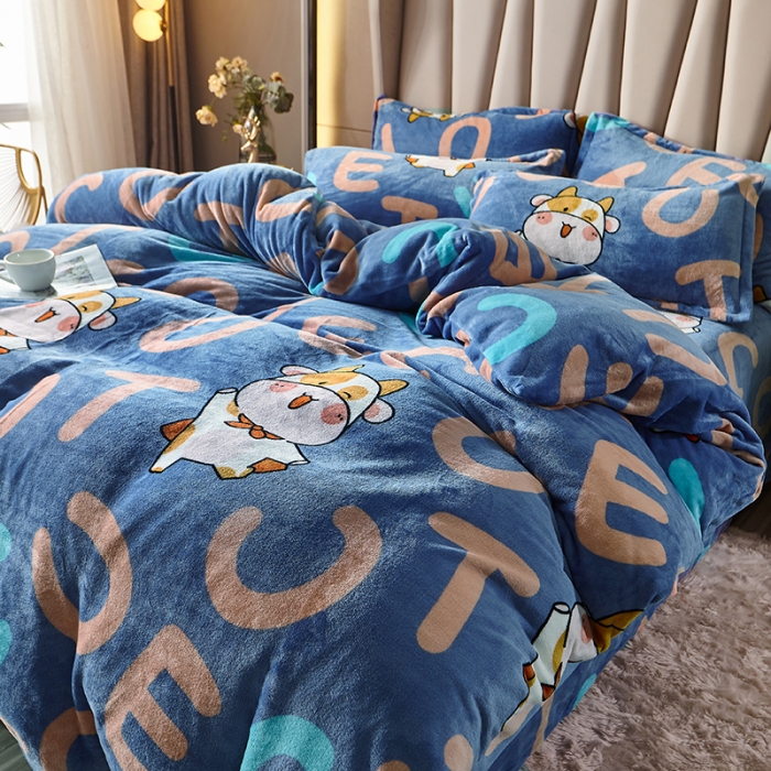 91家纺网 家纺一手货源 找家纺 纽缦 2021新款牛奶绒四件套法莱水晶宝宝绒 牛宝宝蓝