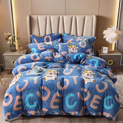 纽缦 2021新款牛奶绒四件套法莱水晶宝宝绒 牛宝宝蓝