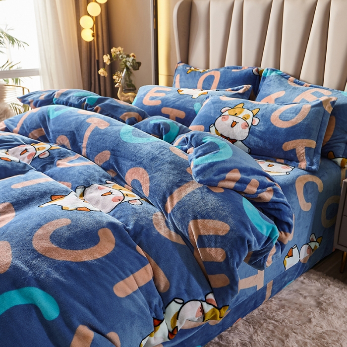 91家纺网 家纺一手货源 找家纺 纽缦 2021新款牛奶绒四件套法莱水晶宝宝绒 牛宝宝蓝