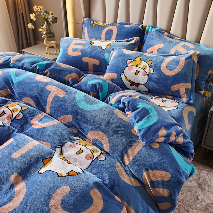 91家纺网 家纺一手货源 找家纺 纽缦 2021新款牛奶绒四件套法莱水晶宝宝绒 牛宝宝蓝