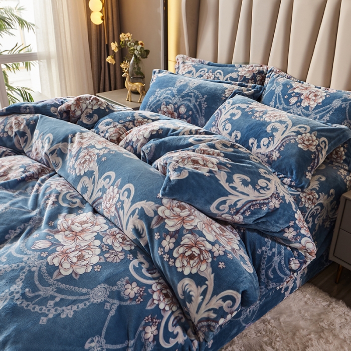 91家纺网 家纺一手货源 找家纺 纽缦 2021新款牛奶绒四件套法莱水晶宝宝绒 欧海风情