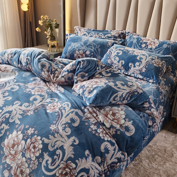 91家纺网 家纺一手货源 找家纺 纽缦 2021新款牛奶绒四件套法莱水晶宝宝绒 欧海风情