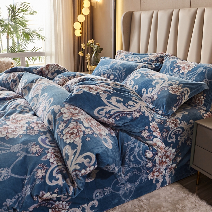 91家纺网 家纺一手货源 找家纺 纽缦 2021新款牛奶绒四件套法莱水晶宝宝绒 欧海风情