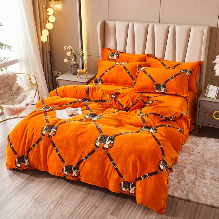 91家纺网 家纺一手货源 找家纺 纽缦 2021新款牛奶绒四件套法莱水晶宝宝绒 塞亚橘