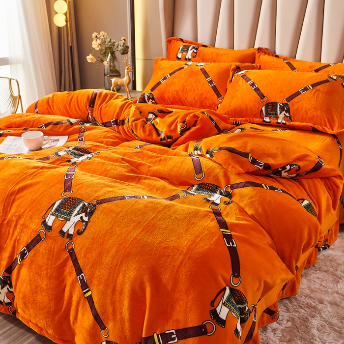 91家纺网 家纺一手货源 找家纺 纽缦 2021新款牛奶绒四件套法莱水晶宝宝绒 塞亚橘