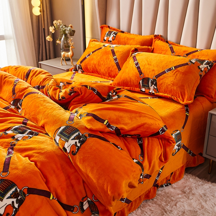 91家纺网 家纺一手货源 找家纺 纽缦 2021新款牛奶绒四件套法莱水晶宝宝绒 塞亚橘