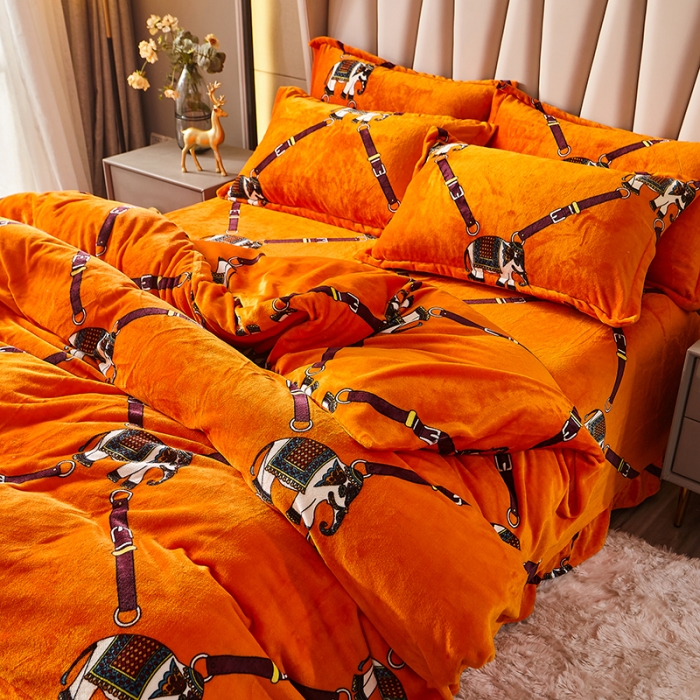 91家纺网 家纺一手货源 找家纺 纽缦 2021新款牛奶绒四件套法莱水晶宝宝绒 塞亚橘