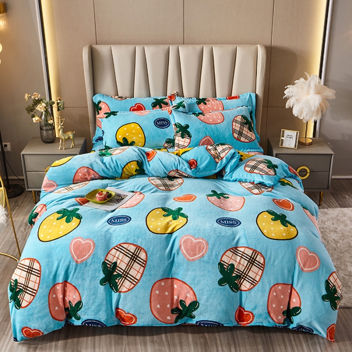 91家纺网 家纺一手货源 找家纺 纽缦 2021新款牛奶绒四件套法莱水晶宝宝绒 硕果蓝