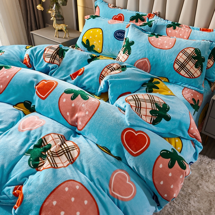 91家纺网 家纺一手货源 找家纺 纽缦 2021新款牛奶绒四件套法莱水晶宝宝绒 硕果蓝