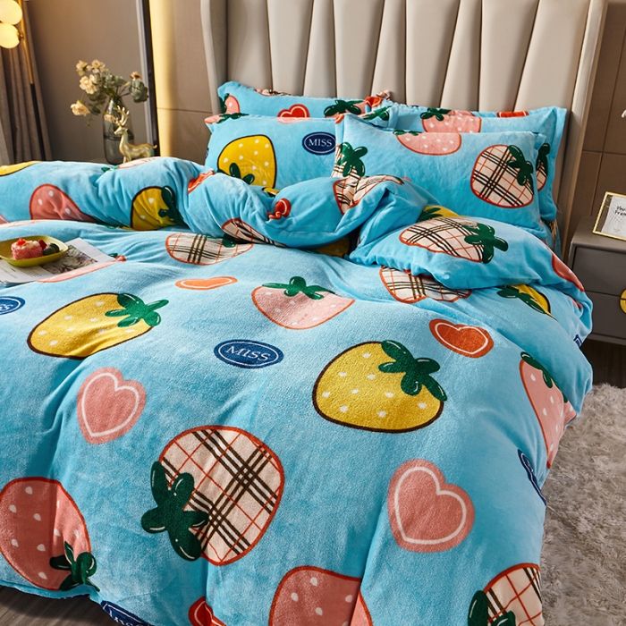 91家纺网 家纺一手货源 找家纺 纽缦 2021新款牛奶绒四件套法莱水晶宝宝绒 硕果蓝