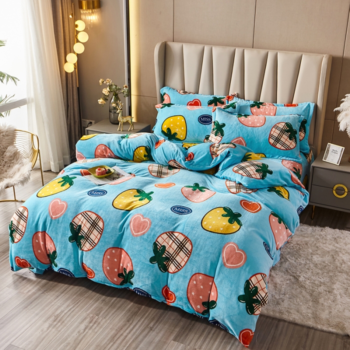 91家纺网 家纺一手货源 找家纺 纽缦 2021新款牛奶绒四件套法莱水晶宝宝绒 硕果蓝