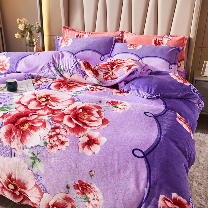 91家纺网 家纺一手货源 找家纺 纽缦 2021新款牛奶绒四件套法莱水晶宝宝绒 婉韵紫（大版）