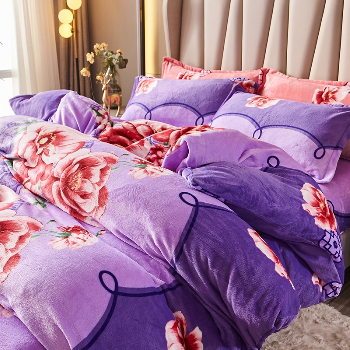 91家纺网 家纺一手货源 找家纺 纽缦 2021新款牛奶绒四件套法莱水晶宝宝绒 婉韵紫（大版）