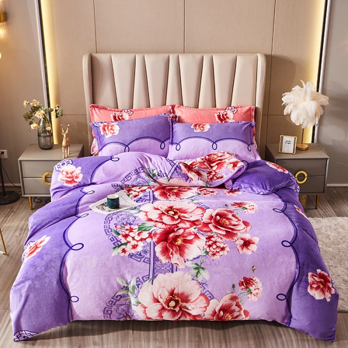 91家纺网 家纺一手货源 找家纺 纽缦 2021新款牛奶绒四件套法莱水晶宝宝绒 婉韵紫（大版）