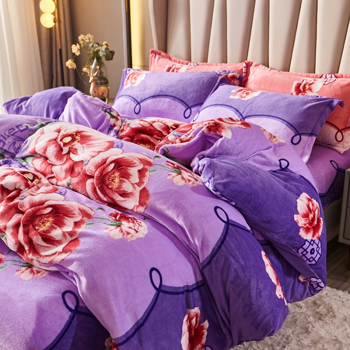 91家纺网 家纺一手货源 找家纺 纽缦 2021新款牛奶绒四件套法莱水晶宝宝绒 婉韵紫（大版）