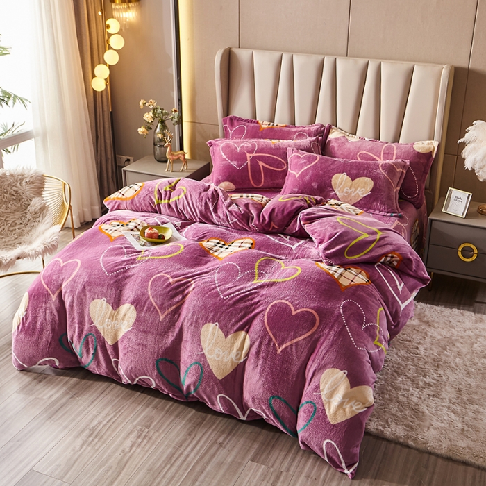 91家纺网 家纺一手货源 找家纺 纽缦 2021新款牛奶绒四件套法莱水晶宝宝绒 心动豆沙