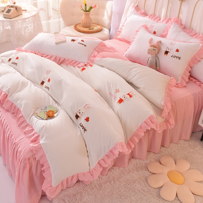 91家纺网 家纺一手货源 找家纺 （总）梦之岛2021新款萌萌兔韩版磨毛蕾丝四件套