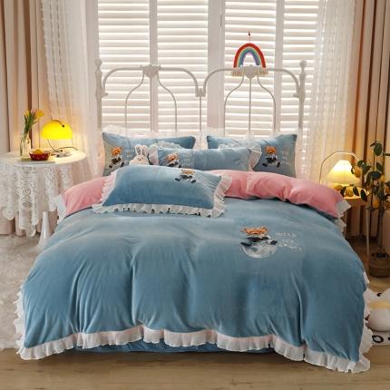 纽缦 2021新款韩版水晶绒床单四件套法莱水晶牛奶 萌熊-蓝灰粉