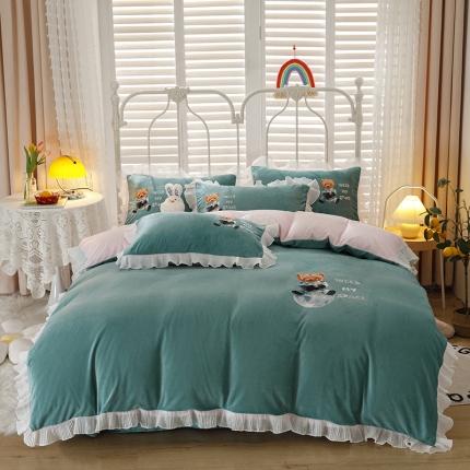 91家纺网 家纺一手货源 找家纺 纽缦 2021新款韩版水晶绒床单四件套法莱水晶牛奶 萌熊-浅绿粉