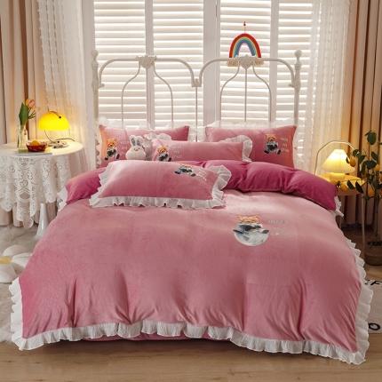 91家纺网 家纺一手货源 找家纺 纽缦 2021新款韩版水晶绒床单四件套法莱水晶牛奶 萌熊-深浅豆沙