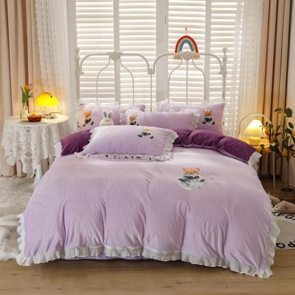 91家纺网 家纺一手货源 找家纺 纽缦 2021新款韩版水晶绒床单四件套法莱水晶牛奶 萌熊-深浅紫