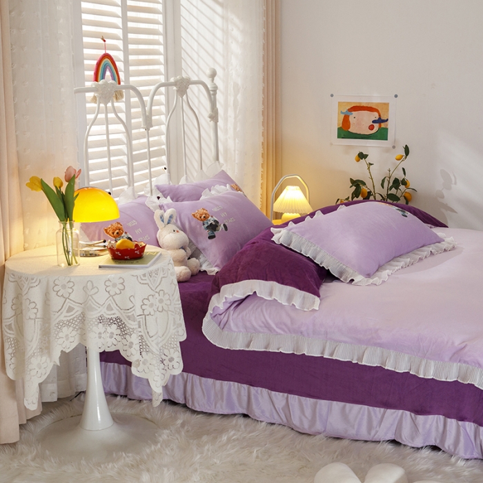 91家纺网 家纺一手货源 找家纺 纽缦 2021新款韩版水晶绒床单四件套法莱水晶牛奶 萌熊-深浅紫
