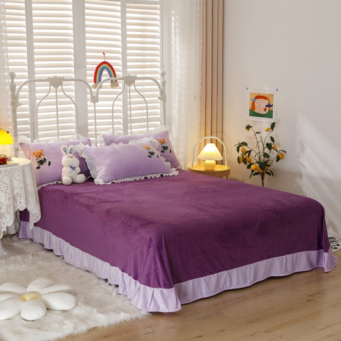 91家纺网 家纺一手货源 找家纺 纽缦 2021新款韩版水晶绒床单四件套法莱水晶牛奶 萌熊-深浅紫