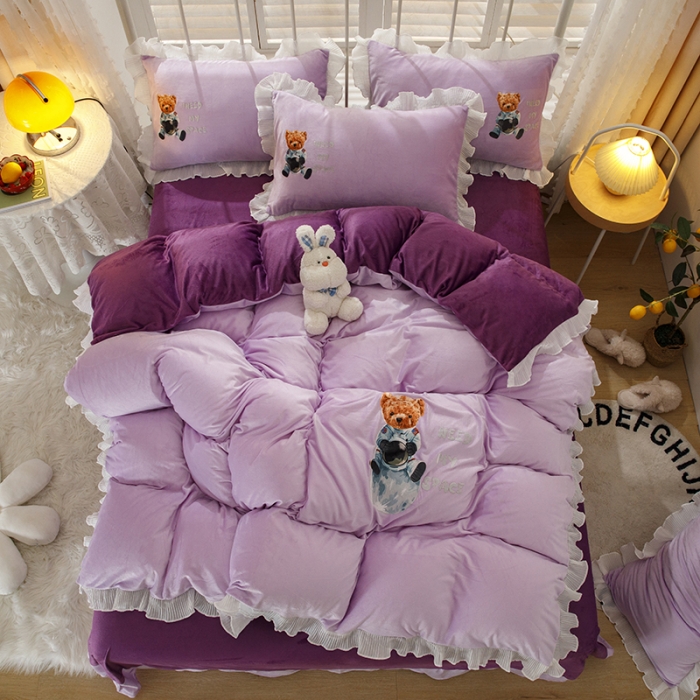 91家纺网 家纺一手货源 找家纺 纽缦 2021新款韩版水晶绒床单四件套法莱水晶牛奶 萌熊-深浅紫