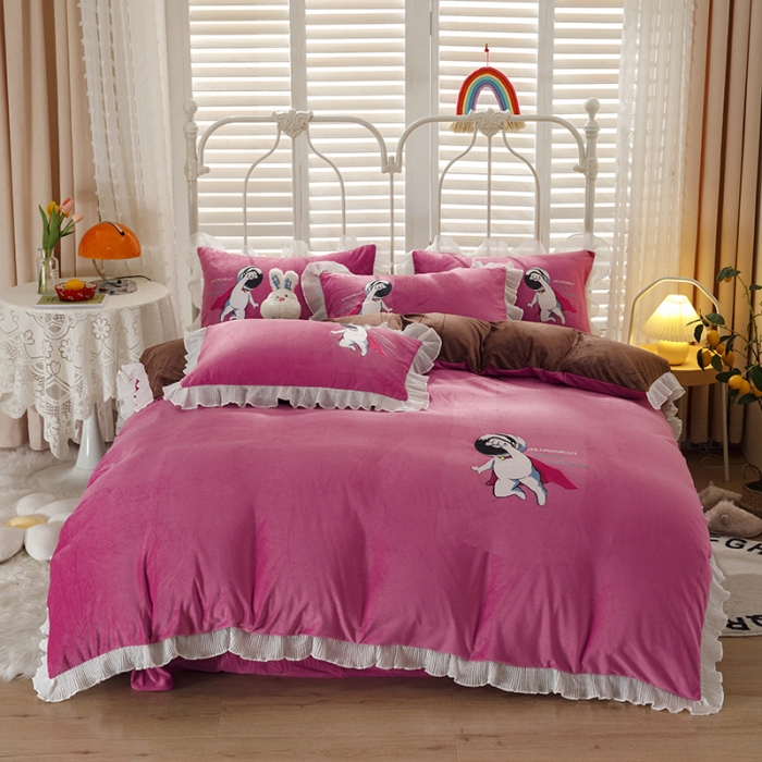 91家纺网 家纺一手货源 找家纺 纽缦 2021新款韩版水晶绒床单四件套法莱水晶牛奶 太空小超人-豆沙咖