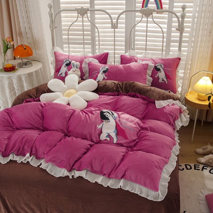 91家纺网 家纺一手货源 找家纺 纽缦 2021新款韩版水晶绒床单四件套法莱水晶牛奶 太空小超人-豆沙咖