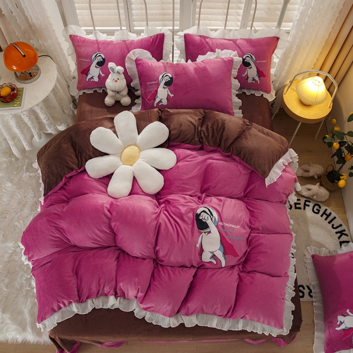 91家纺网 家纺一手货源 找家纺 纽缦 2021新款韩版水晶绒床单四件套法莱水晶牛奶 太空小超人-豆沙咖