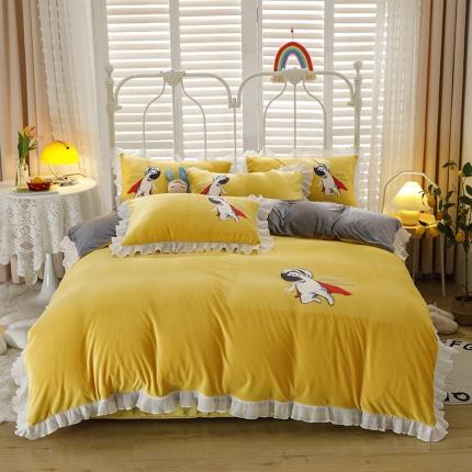 91家纺网 家纺一手货源 找家纺 纽缦 2021新款韩版水晶绒床单四件套法莱水晶牛奶 太空小超人-姜黄灰