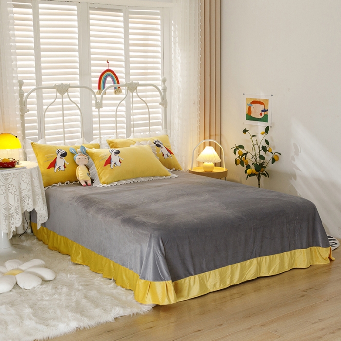 91家纺网 家纺一手货源 找家纺 纽缦 2021新款韩版水晶绒床单四件套法莱水晶牛奶 太空小超人-姜黄灰