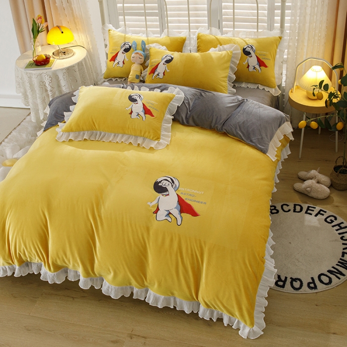 91家纺网 家纺一手货源 找家纺 纽缦 2021新款韩版水晶绒床单四件套法莱水晶牛奶 太空小超人-姜黄灰