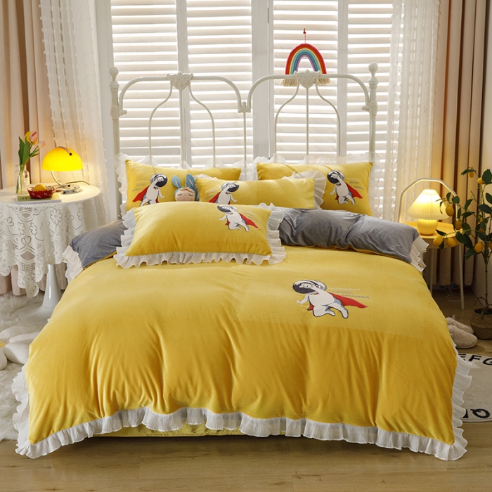 91家纺网 家纺一手货源 找家纺 纽缦 2021新款韩版水晶绒床单四件套法莱水晶牛奶 太空小超人-姜黄灰