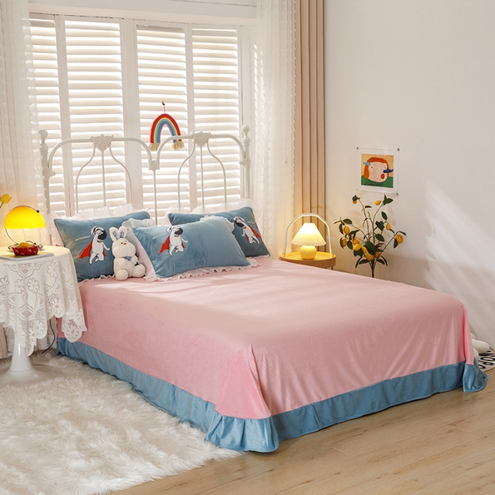 91家纺网 家纺一手货源 找家纺 纽缦 2021新款韩版水晶绒床单四件套法莱水晶牛奶 太空小超人-蓝灰粉