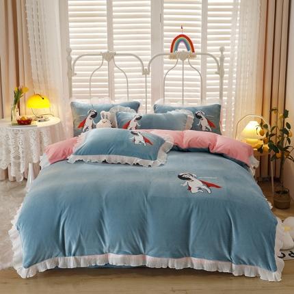 纽缦 2021新款韩版水晶绒床单四件套法莱水晶牛奶 太空小超人-蓝灰粉