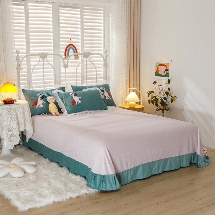 91家纺网 家纺一手货源 找家纺 纽缦 2021新款韩版水晶绒床单四件套法莱水晶牛奶 太空小超人-浅绿粉