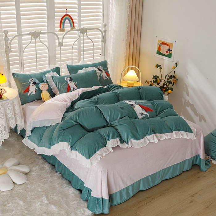 91家纺网 家纺一手货源 找家纺 纽缦 2021新款韩版水晶绒床单四件套法莱水晶牛奶 太空小超人-浅绿粉