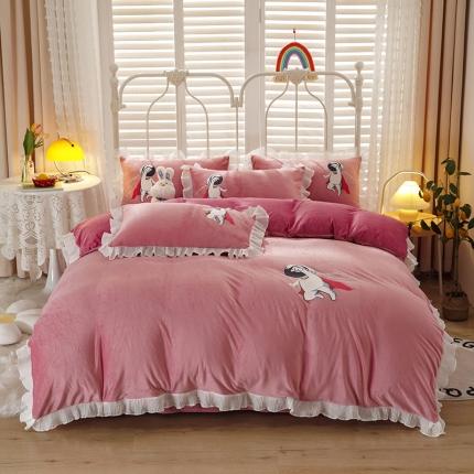 纽缦 2021新款韩版水晶绒床单四件套法莱水晶牛奶 太空小超人-深浅豆沙