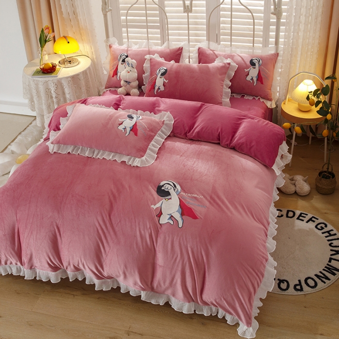 91家纺网 家纺一手货源 找家纺 纽缦 2021新款韩版水晶绒床单四件套法莱水晶牛奶 太空小超人-深浅豆沙