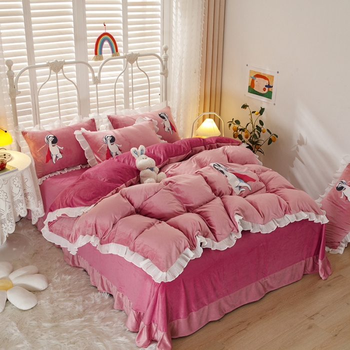 91家纺网 家纺一手货源 找家纺 纽缦 2021新款韩版水晶绒床单四件套法莱水晶牛奶 太空小超人-深浅豆沙