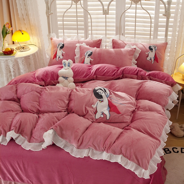 91家纺网 家纺一手货源 找家纺 纽缦 2021新款韩版水晶绒床单四件套法莱水晶牛奶 太空小超人-深浅豆沙