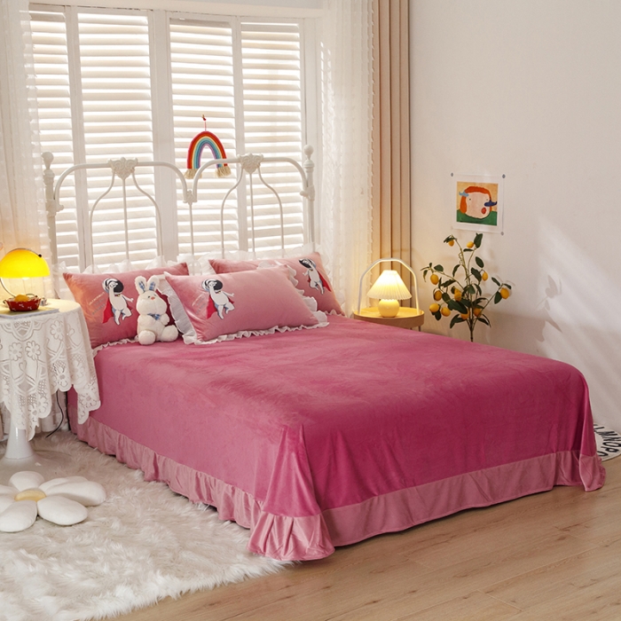 91家纺网 家纺一手货源 找家纺 纽缦 2021新款韩版水晶绒床单四件套法莱水晶牛奶 太空小超人-深浅豆沙