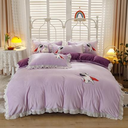 91家纺网 家纺一手货源 找家纺 纽缦 2021新款韩版水晶绒床单四件套法莱水晶牛奶 太空小超人-深浅紫