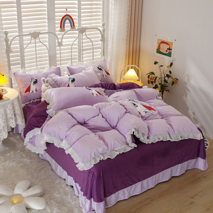 91家纺网 家纺一手货源 找家纺 纽缦 2021新款韩版水晶绒床单四件套法莱水晶牛奶 太空小超人-深浅紫