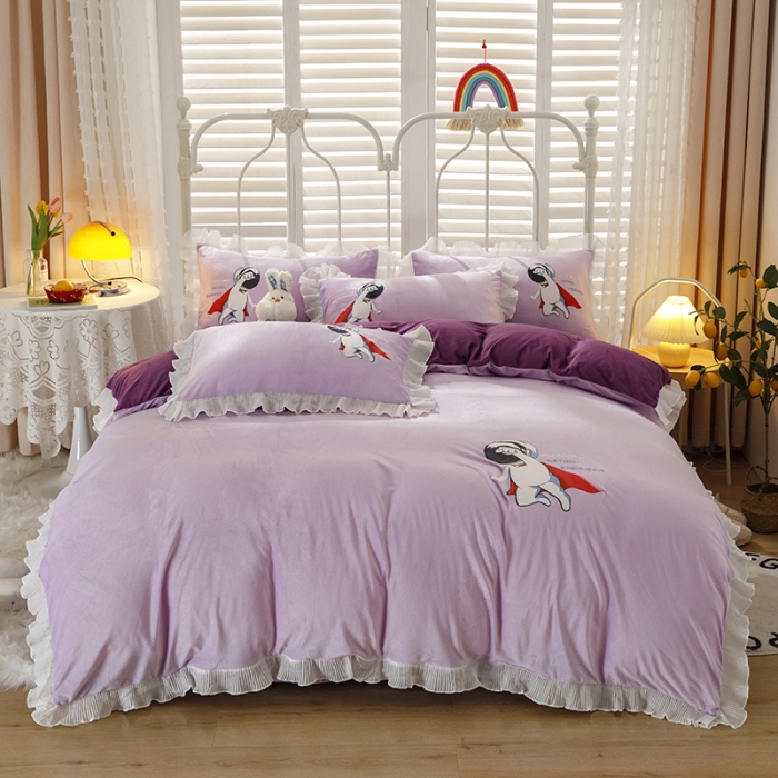 91家纺网 家纺一手货源 找家纺 纽缦 2021新款韩版水晶绒床单四件套法莱水晶牛奶 太空小超人-深浅紫