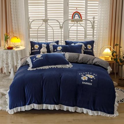 纽缦 2021新款韩版水晶绒床单四件套法莱水晶牛奶 小雏菊-宝蓝灰